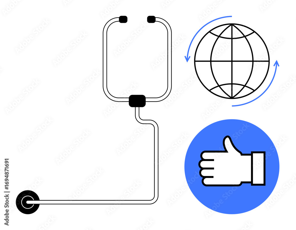 Poster stethoscope connected to world globe with rotating arrows and a thumbs-up inside a blue circle. idea