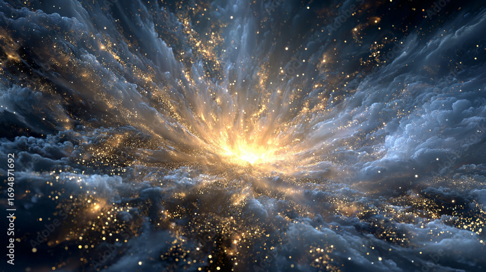 Aufkleber cosmic energy burst with blue and gold light exploding in space creating a dramatic luminous scene w