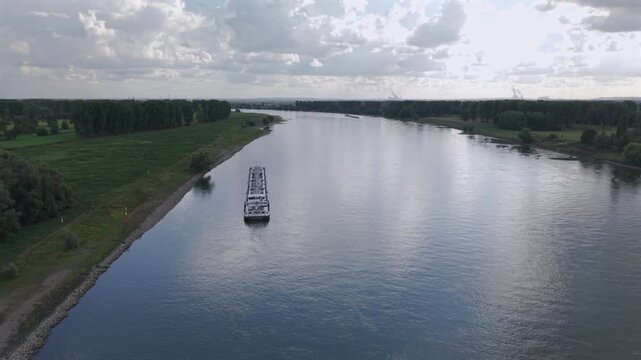 River of Rhein as a fly over with a drone from top during autumn season