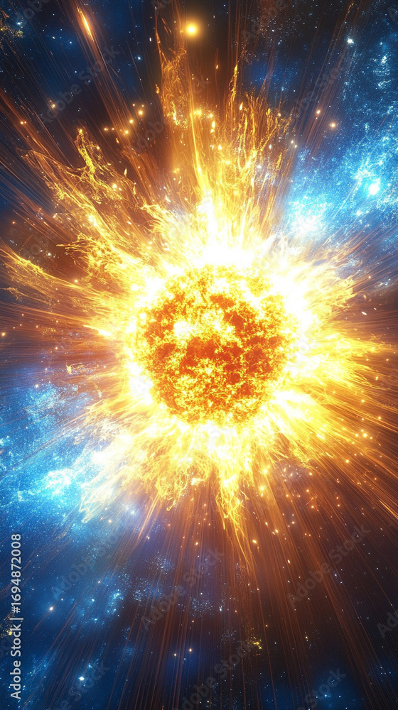 Aufkleber cosmic energy burst with blue and gold light exploding in space creating a dramatic luminous scene w