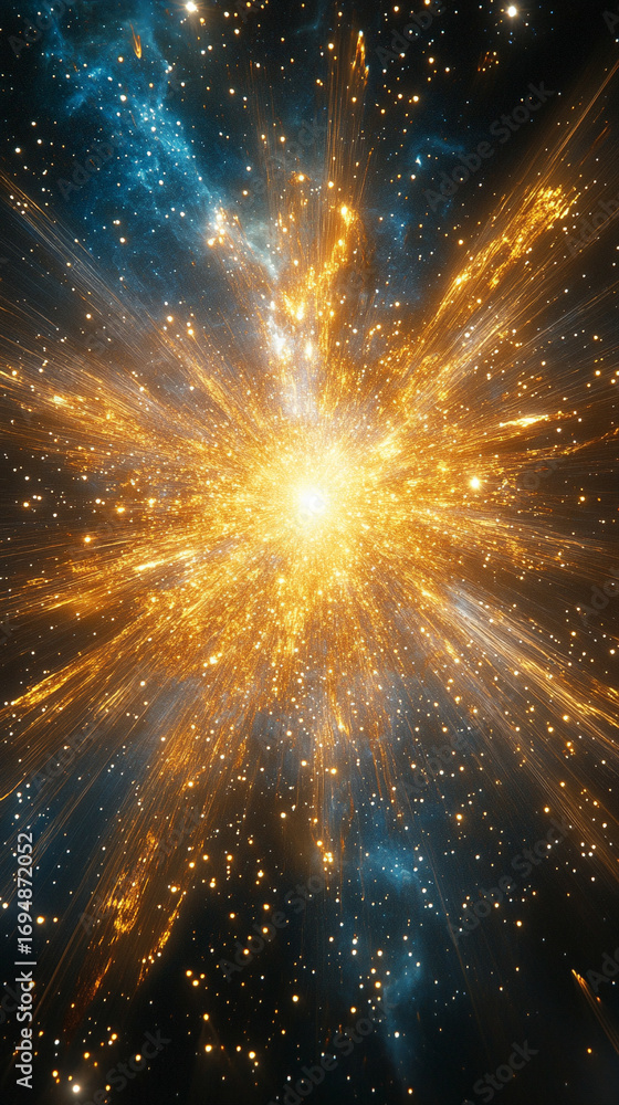 Aufkleber cosmic energy burst with blue and gold light exploding in space creating a dramatic luminous scene w