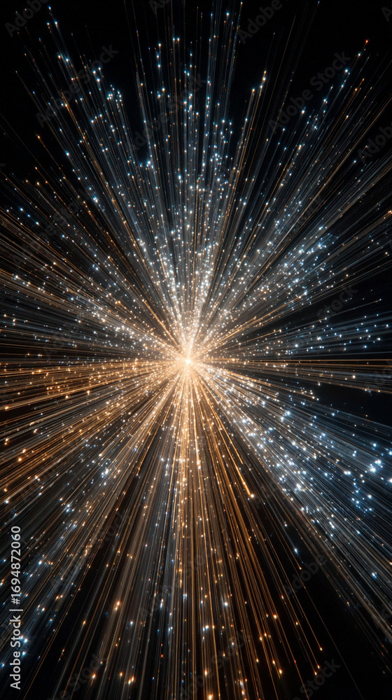 Poster cosmic energy burst with blue and gold light exploding in space creating a dramatic luminous scene w
