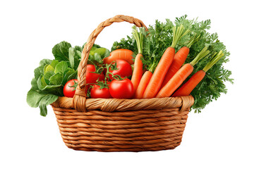 Woven basket filled with fresh tomatoes and carrots isolated on a transparent background wicker food