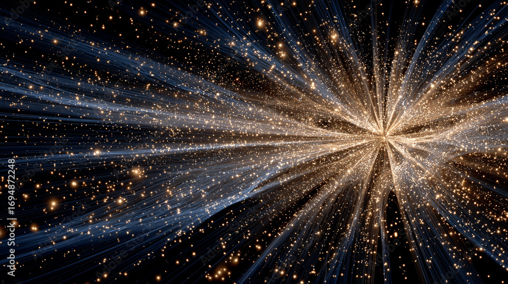 Poster cosmic energy burst with blue and gold light exploding in space creating a dramatic luminous scene w