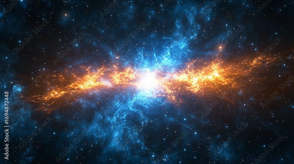 Poster cosmic energy burst with blue and gold light exploding in space creating a dramatic luminous scene w