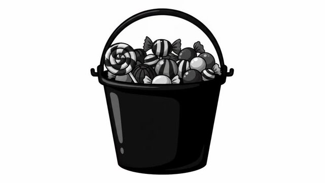 Cartoon Black and White Trick or Treat Candy Bucket - A black and white cartoon illustration of a trick-or-treat bucket overflowing with various candies, lollipops, and wrapped sweets.