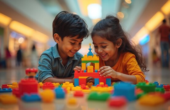 Two Indian kids, brother, sister, happily play with colorful plastic blocks, building structures together. Smiling faces show joy, concentration in learning through play. Scene captures moment of