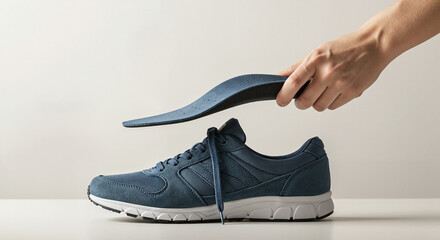 Orthopedic shoe inserts being placed into dark blue athletic shoes by a hand in a minimalistic setting