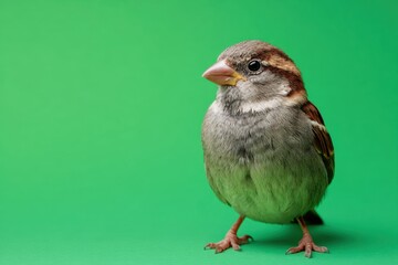 Closeup image of a sparrow perched against a vibrant green background. Young sparrow isolated on color backdrop. City birds. Wild animals. Wildlife. Passer domesticus. Portrait of House sparrow