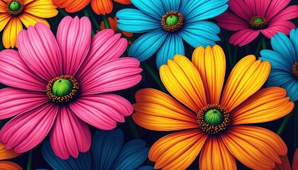 Vibrant oversized floral pattern illustration featuring striking neon colors with distinct retro vibe. Large flowers in pink, yellow, orange, blue create bold, eye-catching design. Ideal for graphic
