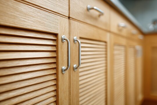 Close-up of kitchen cabinet doors with silver handles and natural wood slats. Front Cabinets, drawers with slatted shutter doors. Louvered shutters. Louver panel furniture with steel hardware. Samples