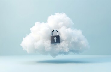 Digital secure cloud storage with padlock icon. Protects data privacy, online safety. Virtual information system technology safeguards client files on network. Modern innovation for business, future.