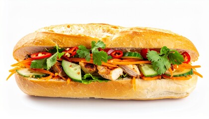 Delicious Vietnamese Banh Mi Sandwich with Chicken and Vegetables.