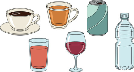 Illustration of various beverages: coffee, tea, juice, soda, wine, and water on transparent background