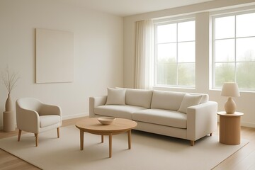 Fototapeta premium Minimalist living room with large windows, neutral tones, and natural light