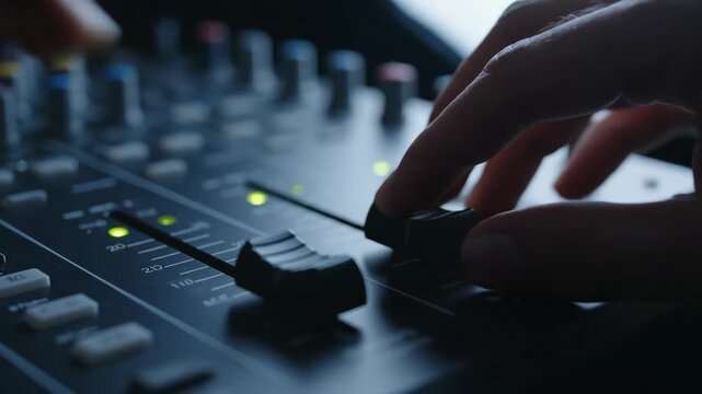 Hands adjust audio mixer console in dark studio for music production this sound engineer works on professional equipment this is professional work for broadcast or live event