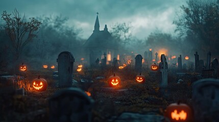 Foggy cemetery illuminated by glowing jack-o'-lanterns with gothic chapel in background. Flying bats and eerie blue mist fill the Halloween night. Generative by AI