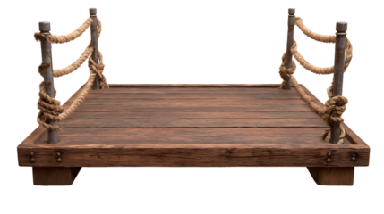 Rustic wooden platform with rope railing isolated on transparent background.
