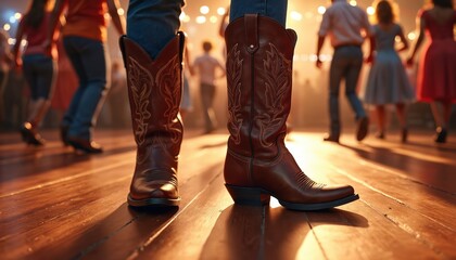 Close-up on cowboy boots on wooden dance floor. Blurred dancers in background perform country line dance with energy. Western style footwear, denim jeans, lively music ambience, and group enjoyment.