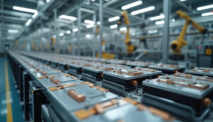 Electric battery manufacturing plant shows conveyor belt with parts of assembled mechanisms. Automated robotic assembly line features advanced technology for efficient production process. Industrial