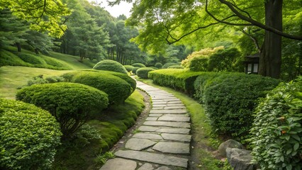 Naklejka premium Serene pathway through a lush garden with manicured bushes and vibrant green foliage, evoking tranquility and natural beauty.