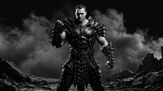 Powerful Ares God of War in Halloween Armor - A black and white video of a muscular warrior, possibly Ares, the God of War, clad in spiky, dark armor.