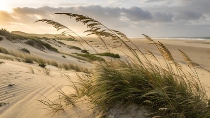 windswept sea oats on sandy beach dunes