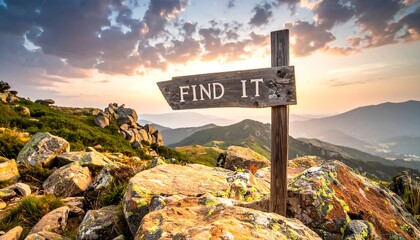 Wooden signpost pointing towards a sunrise over a mountain peak