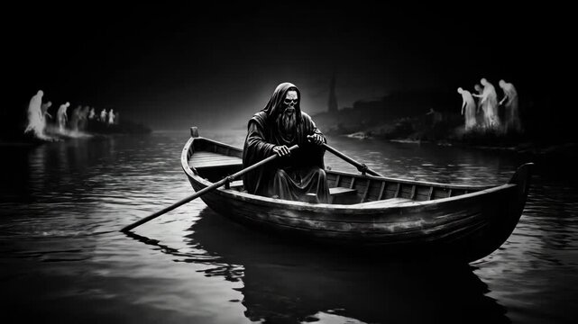 Charon Ferrying Souls Across the River Styx - A black and white depiction of Charon, the ferryman of the underworld, rowing his boat across a dark river.