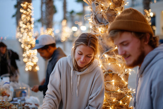 Beach Christmas celebration, palm trees wrapped in string lights, friends having barbecue, - Powered by Adobe