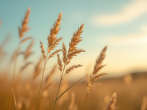 Golden stalks of dry grass sway gently in the warm sunlight of a serene meadow at sunset with a soft focus background and a pale blue sky above