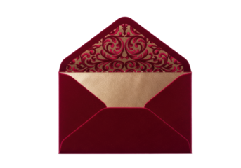 Deep crimson, ornate, vintage velvet envelope partially unfurled, revealing intricate baroque embroidery and gold lining, on a transparent background, concept of clandestine luxury and mystery