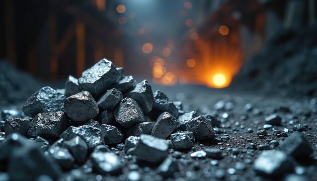 Pile of shiny tin ore minerals, extracted from industrial mine. Silvery metallic rocks with rough texture sit on dark ground. Industrial background with glowing orange lights and bokeh effect.