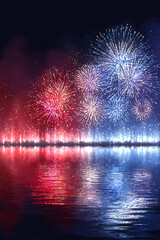 Spectacular fireworks display lighting up the night sky over a calm lake, reflecting vibrant colors