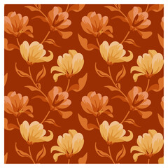 This seamless pattern, titled "Golden Magnolia", features delicate magnolia flowers in soft yellow and peach hues, set against a rich terracotta background. The flowing design of the flowers.