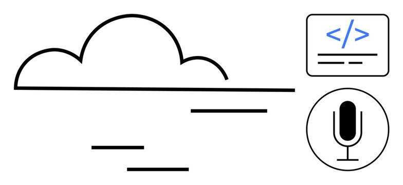 Cloud silhouette connected to a code editor interface and a microphone icon, representing cloud computing, coding, voice technology, and digital accessibility. Ideal for tech, coding, AI, automation