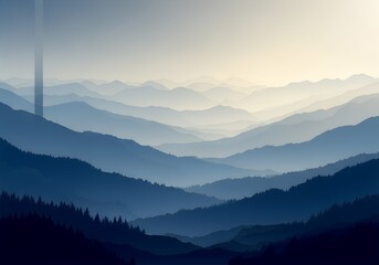 Fototapeta premium Serene blue mountain landscape with layers of rolling hills fading into a soft hazy sky at sunrise or sunset evoking peace and natural beauty