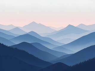 Serene layered blue mountain range fading into a soft pastel sky at dawn or dusk creating a peaceful and tranquil landscape vista