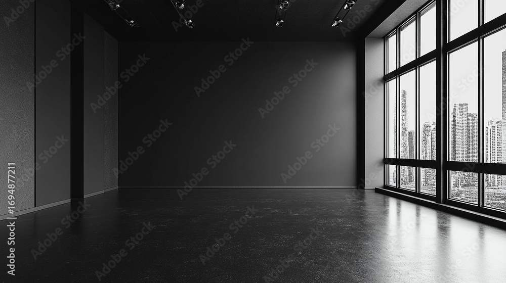 Poster dark black empty architectural interior with minimalistic studio space featuring walls and floor for