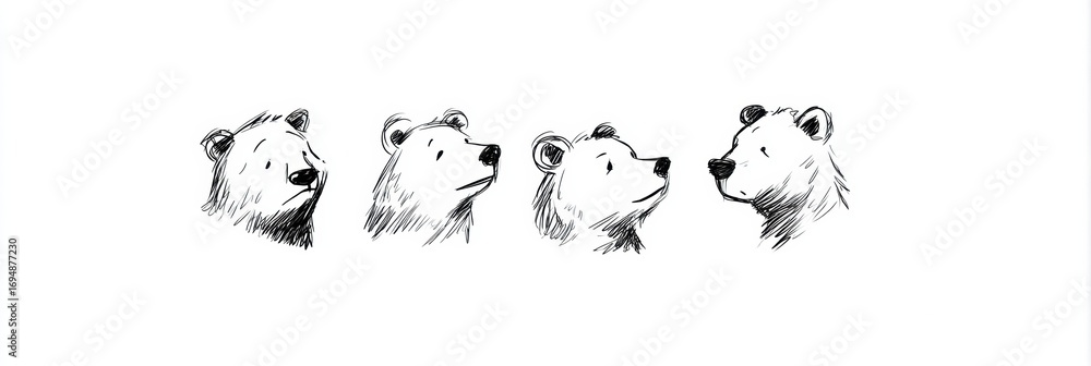 Poster sketch of four bear faces showcasing different expressions in a simple artistic style