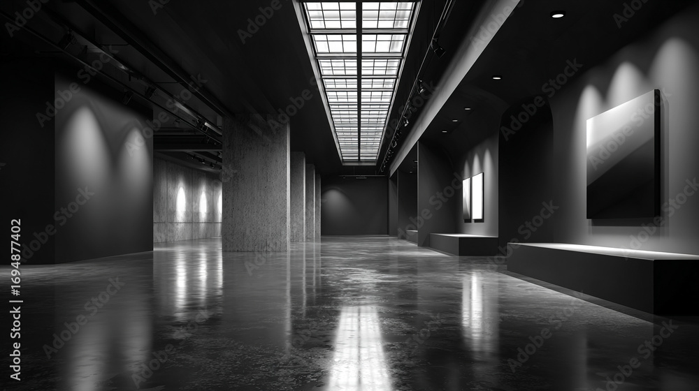 Poster dark black empty architectural interior with minimalistic studio space featuring walls and floor for