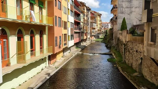 River Ter as it passes by the houses in the town of Camprodon in Girona, Spain.
