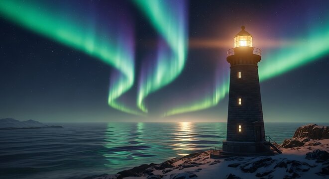 Lighthouse with Aurora Borealis, and Night Sea.
