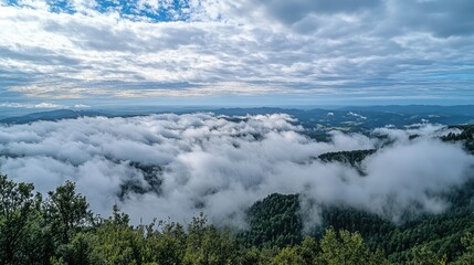 View from rocky mountaintop overlooking wide green valley under a bright blue sky with large cumulus clouds. Sunlight highlights treetops and distant farmlands. Generative by AI