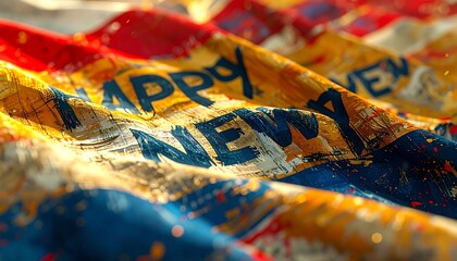 Fototapeta premium Bold ‘Happy New Year’ Painted on Parade Banner with Fabric Weave and Cinematic Motion Blur