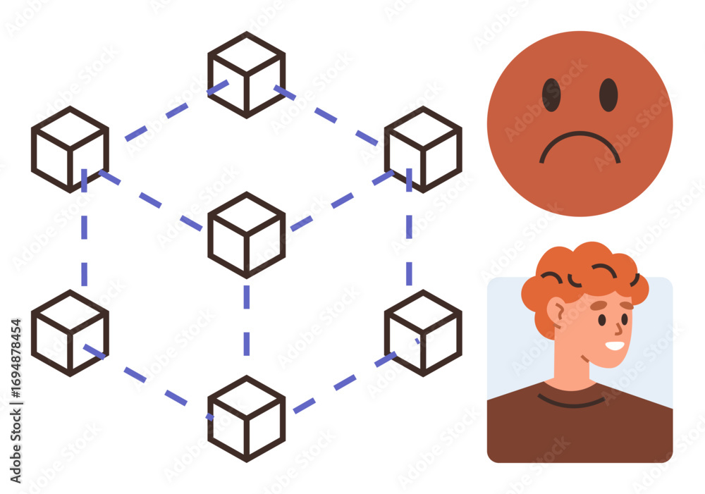 Poster interconnected blocks representing blockchain network, sad red face symbolizing distrust, and smilin