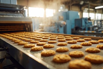 Baked goods on conveyor belt in a factory