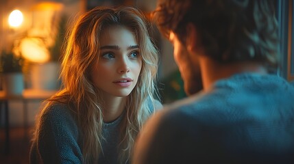 A woman looks attentively at a man in a warm intimate indoor setting