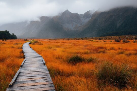 Wooden boardwalk through autumnal marsh leading to misty mountains