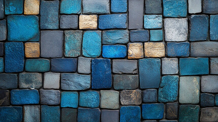 Dark blue and gold stone mosaic texture, elegant geometric pattern creating a luxurious, decorative background suitable for design, art, and architecture projects.